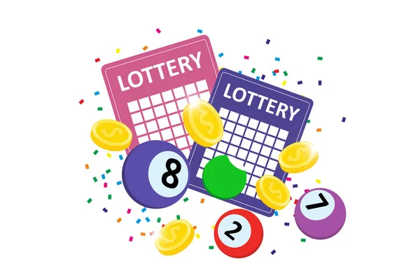 Bingo lottery sign design. Colorful balls, lotto tickets, confetti and jackpot winner money coins. Online gambling big win concept. Gaming industry and casino advertising isolated eps illustration — Stock Vector