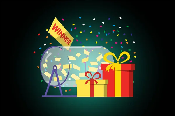 Prize raffle rotating drum with lottery tickets and lucky winner gift boxes on dark background. Online random draw promotional design concept. Gambling vector illustration — Stock vektor
