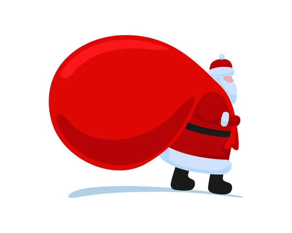 Santa Claus cartoon character coming and carries large heavy gifts red bag. Christmas and Happy New year holiday greeting card on white background. Vector celebration calendar illustration — Stock Vector