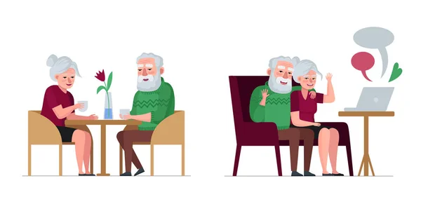 Pareja de ancianos abuelos jubilados sentados en la cafetería y charlando. Los ancianos en la conferencia web portátil en línea. Relaciones retiradas. Las personas mayores se relajan en la cafetería y la comunicación por video. Eps — Archivo Imágenes Vectoriales