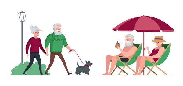 Casal de idosos aposentados avós descansar no parque e relaxar na praia. Os velhos andam com o cão. Pessoas idosas relaxamento banhos de sol juntos em viagens. Relações de lazer aposentadas. Eps ilustração — Vetor de Stock