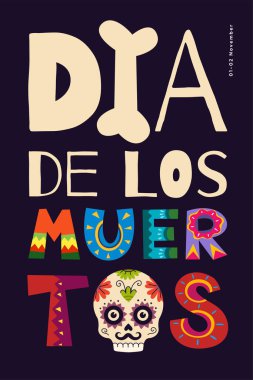 Dia de Los Muertos karnaval vektör posteri. Meksika Ölüler Günü ulusal festival tebrik kartı renkli harfler ve kafatası ile. Meksika dini tatil ilanı tasarım şablonu