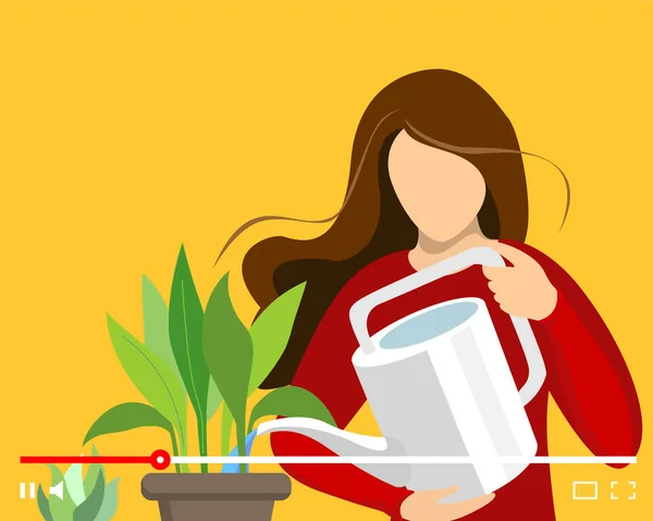 Bloggerin Houseplant Pflege auf Online-Video-Player-Schnittstelle. Weibliche Hausfrau gießt Pflanze im Topf Web-Streaming. Züchten Sie Zimmerpflanzen per Live-Stream. Influencer senden Vlogger-Kanal — Stockvektor