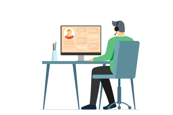 Call center operator man en gebruiker informatie op monitor scherm. Mannelijke hotline of koude beller. Online customer support afdeling personeel, telemarketing, overleg en assistentie centrum — Stockvector