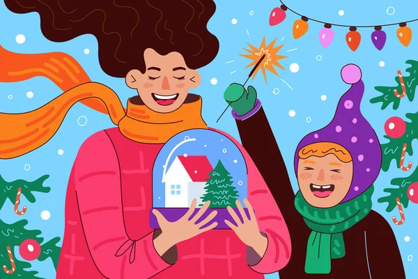 Wesołych Świąt i szczęśliwego Nowego Roku. Szczęśliwy wesoły mama i córka lub syn trzymać kulę śnieżną z domu i świerku. Śmiejące się dziecko i rodzic. Wigilia rodzinna rysuje sztandar. Eps — Wektor stockowy