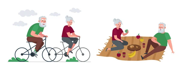 Casal de idosos aposentados estilo de vida saudável ativo. Avó e avô na velhice andar de bicicleta e relaxar no piquenique. Avós ao ar livre passar tempo. Idosos férias — Vetor de Stock
