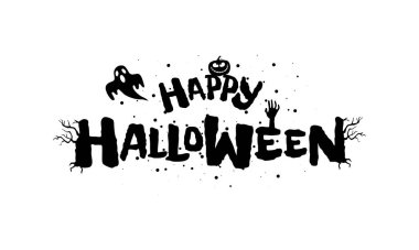 Cadılar Bayramında el yazısı çizimin kutlu olsun. Hayalet Jack O Lantern balkabağı ve hayaletli geleneksel festival yazıları. Vektör tebrik kartı veya davet metni başlığı şablonu