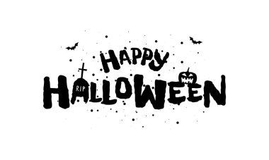 Cadılar Bayramında el yazısı çizimin kutlu olsun. Mezarlıkta Jack O Lantern balkabağı ile geleneksel festival yazıtları. Vektör tebrik kartı veya davet kapağı şablonu