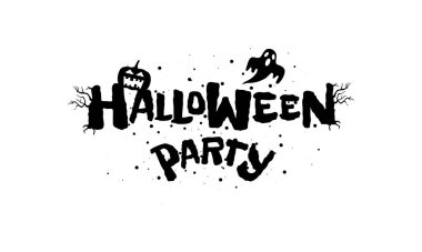 Cadılar Bayramı partisinde el yazısı tasarımın kutlu olsun. Ürkütücü Jack O Lantern balkabağı ve hayaletiyle geleneksel festival yazıtları. Vektör tebrik kartı veya davet metni başlığı şablonu