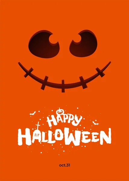 Modelo de design de cartaz de festa de Halloween feliz. Abóbora Jack O Lanterna sobre fundo laranja e inscrição desenhada à mão com morcego. Tradicional 31 de outubro cartão de saudação feriado. Bandeira do vetor — Vetor de Stock