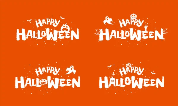 Veselé Halloween dovolená ručně kreslené písmo design set. Tradiční festivalový nápis se strašidelným dýní Jacka O Lanterna na oranžovém pozadí. Šablona pro blahopřání nebo obálku pozvánky — Stockový vektor