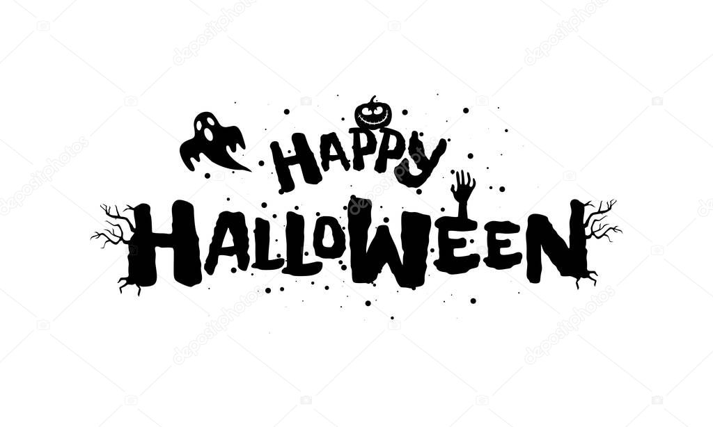 Happy Halloween holiday hand drawn lettering design. Traditional festival inscription with spooky Jack O Lantern pumpkin with ghost. Vector greeting card or invitation text title template