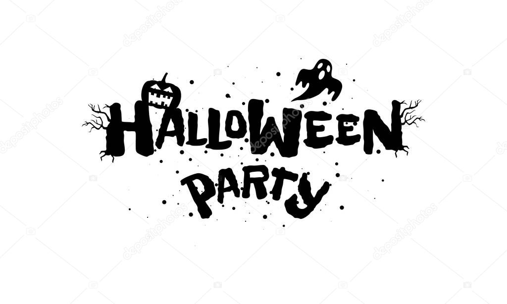 Happy Halloween party holiday hand drawn lettering design. Traditional festival inscription with spooky Jack O Lantern pumpkin and ghost. Vector greeting card or invitation text title black template