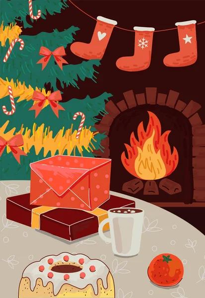 Feliz Navidad y Feliz Año Nuevo. Nochebuena y acogedora víspera. Comodidad interior del hogar. Chimenea, cajas de regalo, taza de cacao, mandarina y pudín en la mesa. Cartel de celebración familiar de invierno — Vector de stock