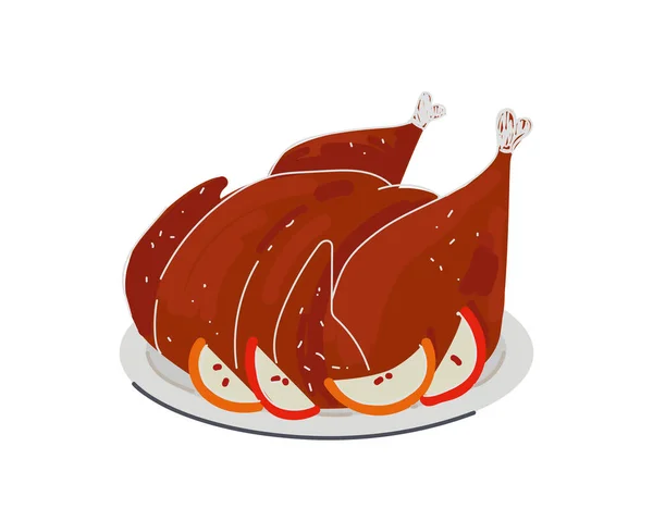 Prato de deliciosas aves grelhadas cozidas. Em peru de chapa ou carne de frango em maçãs. Comida festiva pato assado ou ganso desenhado à mão. Ilustração do desenho vetorial —  Vetores de Stock