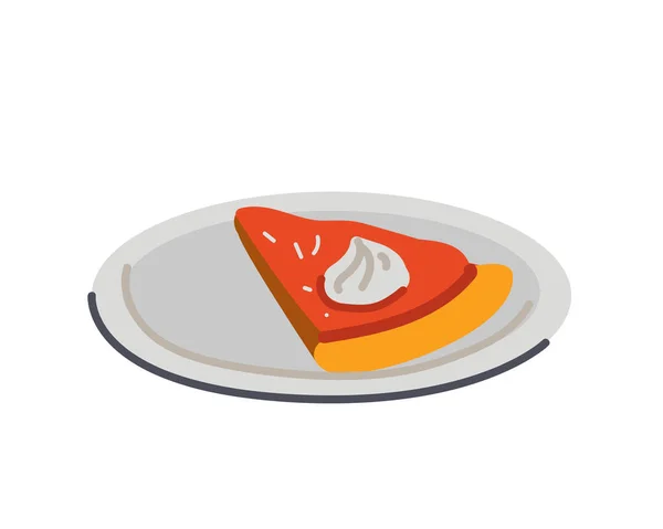 Праздничный сладкий ломтик тыквенного пирога на тарелке нарисован вручную. Векторный рисунок — стоковый вектор