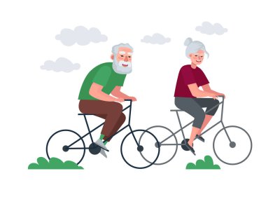Yaşlı bir çift aktif ve sağlıklı bir hayat sürüyor. Büyükannem ve büyükbabam yaşlılıktan bisiklete biniyorlar. Büyükbabalar dışarıda bisiklet sürerken vakit geçiriyorlar. Yaşlıların tatili illüstrasyondur.