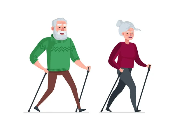 Starší pár odešel do důchodu volný čas spolu. Nordic walk aktivní veselí zdraví staří lidé. Senioři důchodců zdravý životní styl. Dědeček a babička venkovní cvičení eps ilustrace — Stockový vektor
