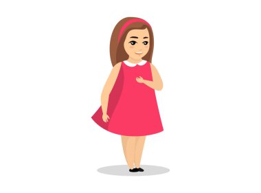 Kız pembe elbise ve saç bandıyla ayakta duruyor ve gülümsüyor. Vektör izole illüstrasyonu