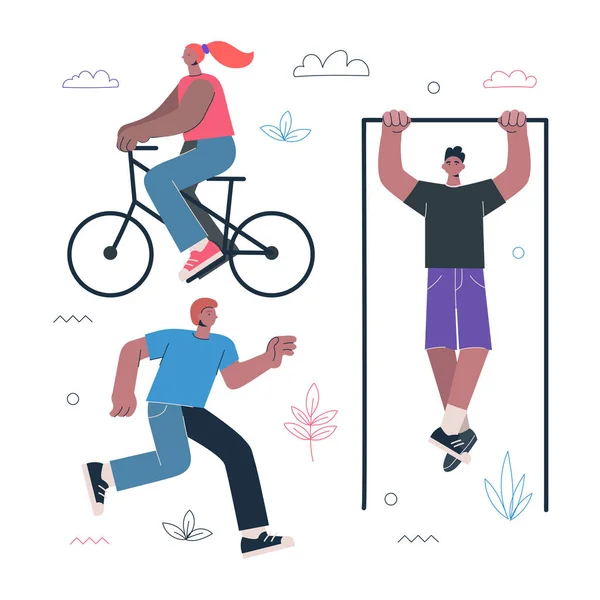 건강 한 생활 수준 과 거리 운동을 통한 운동 개념. 사람들은 자전거를 타고 달리고 수평 바 를 타고 올라온다. 남성 과 여성의 작업 아웃 벡터 일러스트 — 스톡 벡터