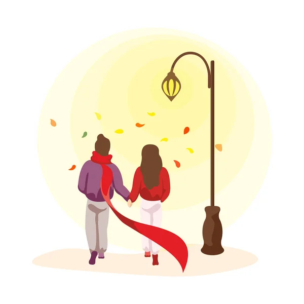 Joven pareja feliz enamorada pasar otoño tiempo juntos. Hombre y mujer durante una cita romántica. Amado macho y hembra caminando en parque por luz de farola. Ilustración vectorial — Vector de stock