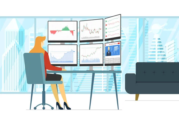 Biznes kobieta giełda handlowiec w miejscu pracy patrząc na wiele ekranów komputerowych z wykresów finansowych, wykresów i wykresów. Koncepcja analizy indeksu biznesowego. Handel kobietami na giełdzie — Wektor stockowy