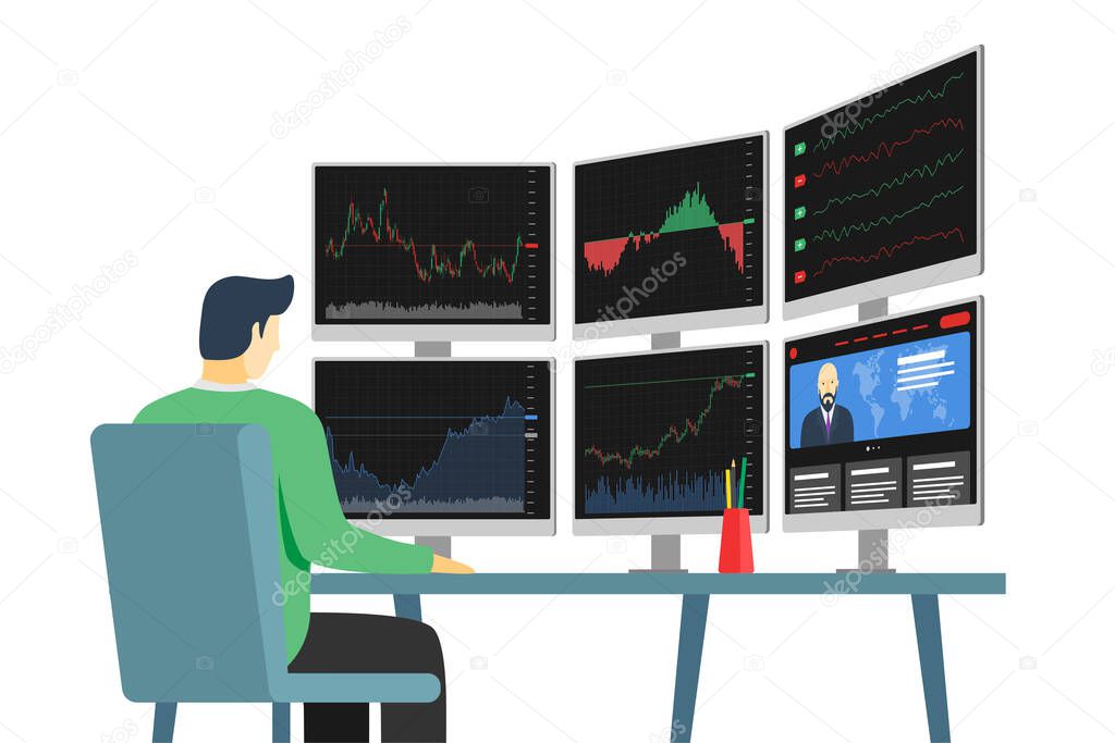 Businessman stock market trader in workplace looking at multiple computer screens with financial charts, diagrams and graphs. Business index analysis concept. Broker exchange trading multi-monitor