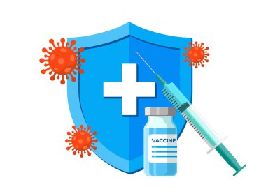 Coronavirus enfeksiyonu aşısı ampulü mavi sağlık kalkanında şırıngayla. COVID-19 hastalık aşılama aşısı. Tıbbi 2019 ncov koruma ilacı. İnsan aşılama kampanyası vektör simgesi