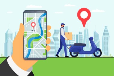Akıllı telefon ekranında teslimat hizmeti uygulaması ve kurye motosikletle kargo malları paketi getirdi. Şehir haritasında GPS şifresi ve motorlu scooter nakliyat yeri. Vektör ekspres lojistik