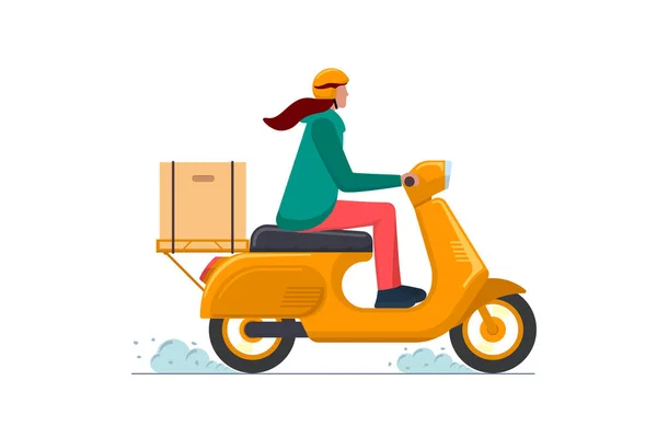 Kurýrka expresní zásilky na mopedu. Online rychlá logistická žena na skútru s objednávkami balíčkové krabice. Zboží nebo potraviny přenášející vektor izolované ploché ilustrace — Stockový vektor