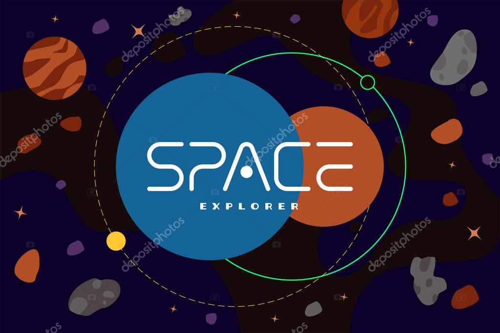 Space explorer poster concept. Galaxy exploration company logotype template in universe with celestial bodies, asteroids and nebula. Futuristic star trip banner design. Cosmic travel brand vector icon