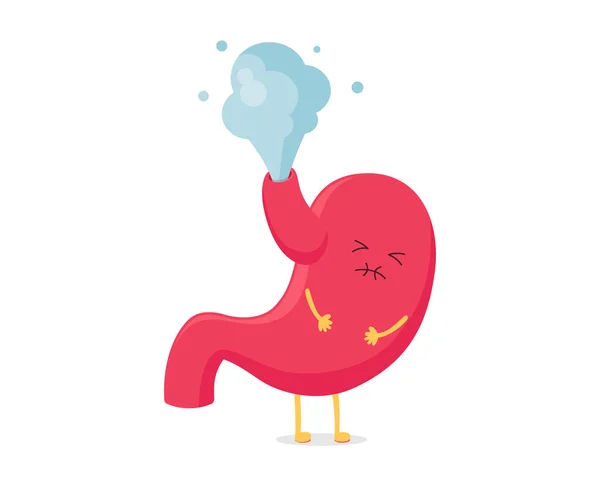 Lindo personaje de dibujos animados estómago pedo. Hinchazón del sistema digestivo. La mascota del órgano vectorial enferma emoción enfermiza. Ilustración aislada del dolor abdominal — Vector de stock