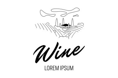 Üzüm bağı üzüm tepesi çiftlik logosu konsepti. Şişe etiketli romantik kırsal alan güneşli bir günde villa, üzüm bağları, çiftlik tepeleri, çiftlikler, çayırlar ve ağaçlarla dolu. Monokrom logotype yayar