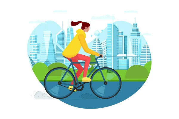 Girl ride on bike in city public park. Urban outdoor eco-friendly transport concept. Young person sharing bicycle. Active weekend life recreation on street. Woman vehicles riding eps illustration — Stock Vector