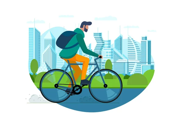 Человек едет на велосипеде в городском общественном парке. Концепция экологически чистого городского транспорта. Молодой человек делит велосипед. Активный отдых в выходные дни на улице. Автомобили с парнями — стоковый вектор