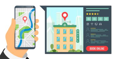 Tatil turizmi uygulaması için internet üzerinden otel ve rezervasyon hizmeti bul. Gezici daire arama ve rezervasyon pankartı. Şehir haritasında akıllı telefon uygulamasında otel denetimi ve konum kodu