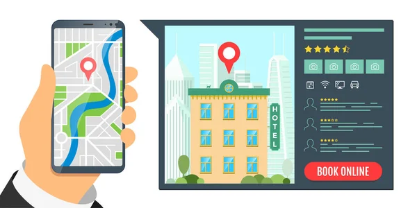 Hitta hotell och boka online-tjänst för semester turism app koncept. Res lägenhet mobil sökning och bokning banner. Motell översyn och plats stift i stadskarta på smartphone ansökan — Stock vektor