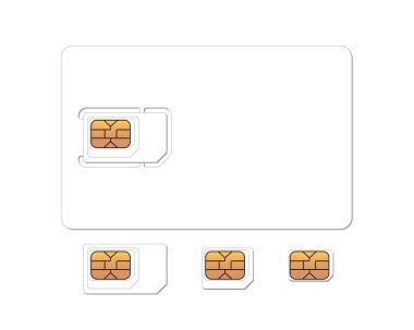 Standart, mikro ve nano EMV çipli cep telefonu GSM sim kartı. Beyaz arka planda plastik kart boş gerçekçi bir model. Vektör tasarım şablonu izole illüstrasyon