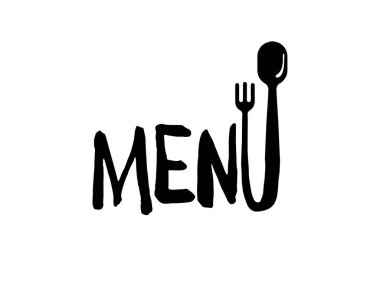 Çataldan kaşığa U harfiyle menü kelime tasarımı kavramı. Kafe, restoran ve yemek işi için el çizimi bir sembol. İzole edilmiş siyah çizim çizimi