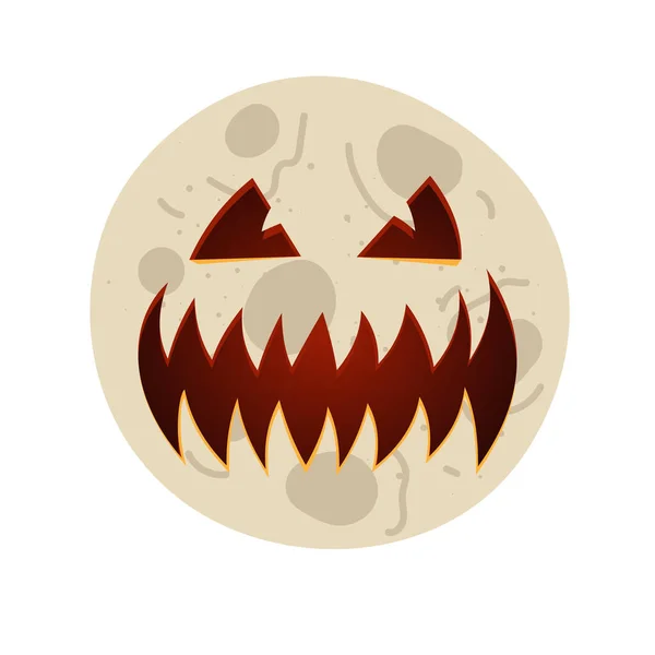 Luna con linterna espeluznante tallada espeluznante Jack o sonrisa de diente espeluznante cara. Malvado feliz fiesta de Halloween símbolo de celebración en la superficie lunar. Ilustración vectorial aislada sobre fondo blanco — Vector de stock