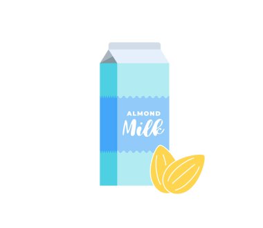 Badem sütlü karton kutu. Vejetaryen laktozsuz içecek paketi. Sağlıklı vejetaryen fındık ekoseli süt içeceği karton paketleme. İzole edilmiş düz vektör çizimi