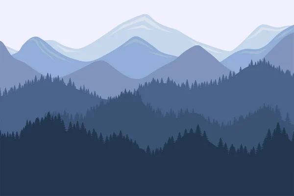 Montagna catena paesaggio mattutino con nebbia e foresta. Alba e tramonto in montagna illustrazione orizzontale vettoriale — Vettoriale Stock