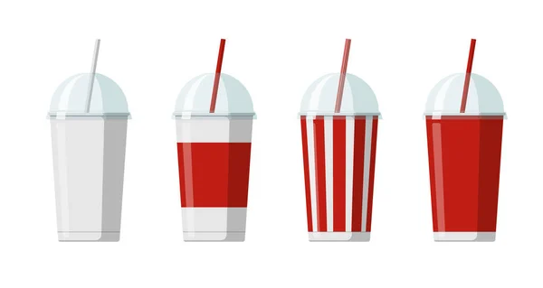 Plantillas de taza de bebidas de papel desechables para refrescos o cócteles con tapa hemisférica transparente. Blanco en blanco, rojo grande, a rayas de cartón refrescos embalaje colección eps ilustración plana — Vector de stock