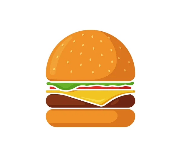 Hamburger gyorskaja izolált ikon. Hamburger paradicsommal, masnival, zöldséggel, szaftos sült marhahússal, sajtos szelet pirított zsemlével szósszal. Sajtburger lapos vektor illusztráció — Stock Vector