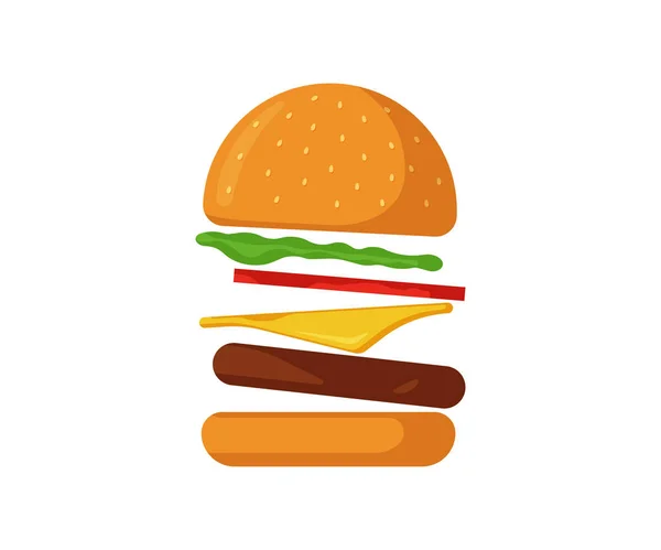 Burger voador fast food ícone isolado. Hambúrguer espalhado com tomate, arco, verduras, costeleta de carne frita suculenta, fatia de queijo em pão torrado com molho. Ilustração vetorial plana de cheeseburger —  Vetores de Stock