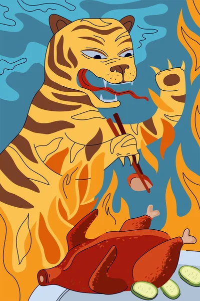 Conceito de cartaz de pato de Pequim cozinha chinesa. China tigre de fogo nacional comendo com pauzinhos assado bejing fatia de carne picante. comida asiática eps cartaz para o café oriental ou restaurante publicidade —  Vetores de Stock