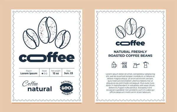Természetes kávé csomagolás címke design sablon készlet. Grafikus modern címke vagy matrica márka, logó, csomagolás. Vektor Illusztráció arabica bab pörkölő cég tipográfiája — Stock Vector