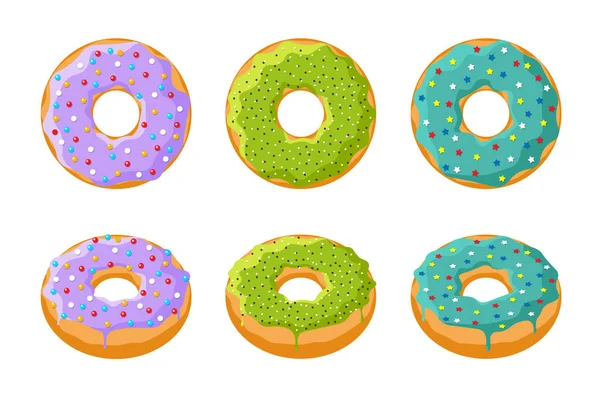 Kleurrijke smakelijke donut set geïsoleerd op witte achtergrond. Geglazuurde donuts bovenaanzicht en 3d collectie voor cafe decoratie of menu ontwerp. Zoete gebakken ringen. Vector platte illustratie — Stockvector