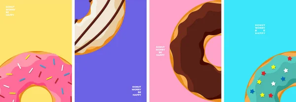 Bunte leckere Donut-Poster-Design-Vorlage-Set. Glasierte Krapfen Banner Kollektion für Café Dekoration oder Werbung. Süße gebackene Ringe auf farbigem Hintergrund. Vektorillustration für Bäckerei — Stockvektor
