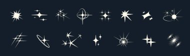 Parıldayan yıldız sembolleri parıldıyor ve parlıyor. Düz retro Y2K simgeleri zeka ve basitlikle parlıyor. Logolar, röfleler veya gök tasarımı için mükemmel.